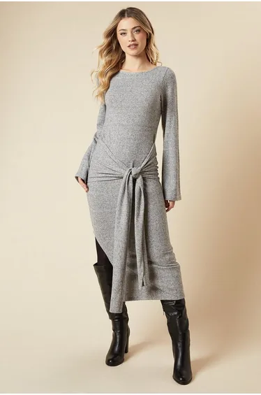 Brushed Tie Front Midi Dress