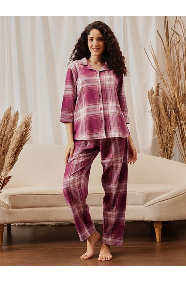 Purple Plaid Checkered Cotton Shirt and Pyjama Set