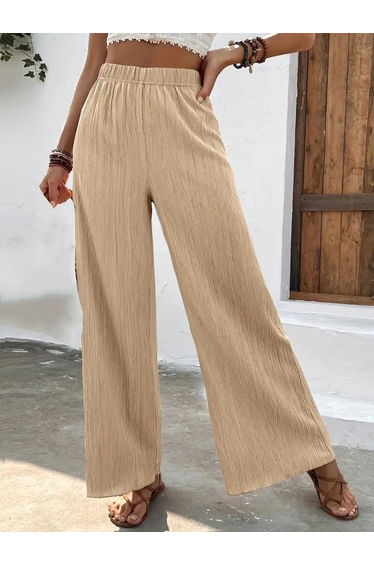 Beige Textured Wide Leg Pants