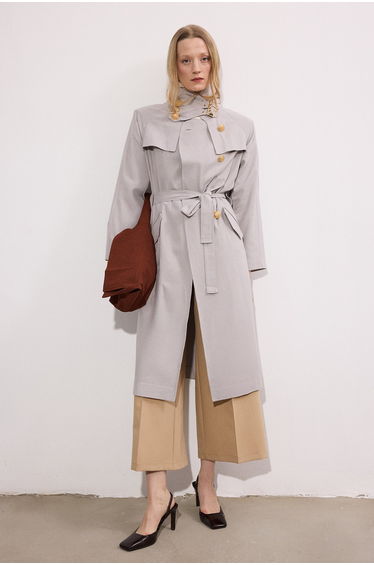 GOLD BUTTONED DOUBLE BREASTED LINEN TRENCH COAT