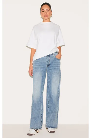 Light Blue Button Detail Wide Leg Jeans