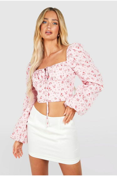 Floral Tie Balloon Sleeve Corset - pink