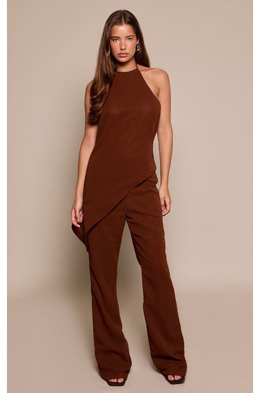 Chocolate Chiffon Halter Neck Overlay Jumpsuit