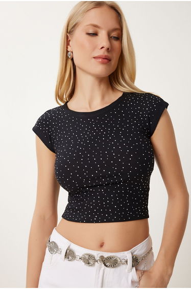 Women's Black Stone Detailed Crop Ribbed Knitted Blouse