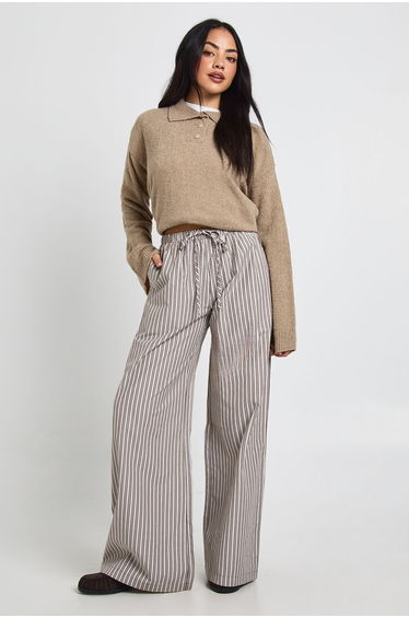 Woven Stripe Elasticated Waist Wide Leg Trouser - chocolate