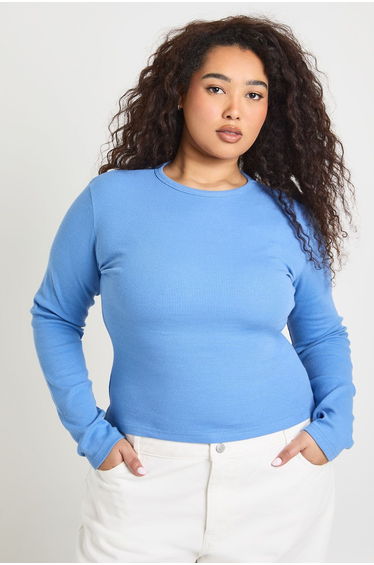Plus Basic Rib Long Sleeve Fitted Longline Top - powder blue