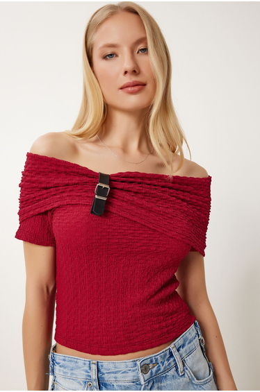 Women's Burgundy Belt Band Detailed Carmen Collar Stretchy Knitted Blouse
