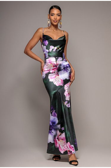 Floral Print Satin Cowl Neck Maxi Dress - Emerald Green by Goddiva