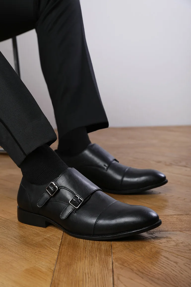 DOMINIC MEN'S FORMAL KEITH BUCKLE TWIN MONK SHOES IN BLACK FAUX LEATHER