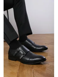 DOMINIC MEN'S FORMAL KEITH BUCKLE TWIN MONK SHOES IN BLACK FAUX LEATHER