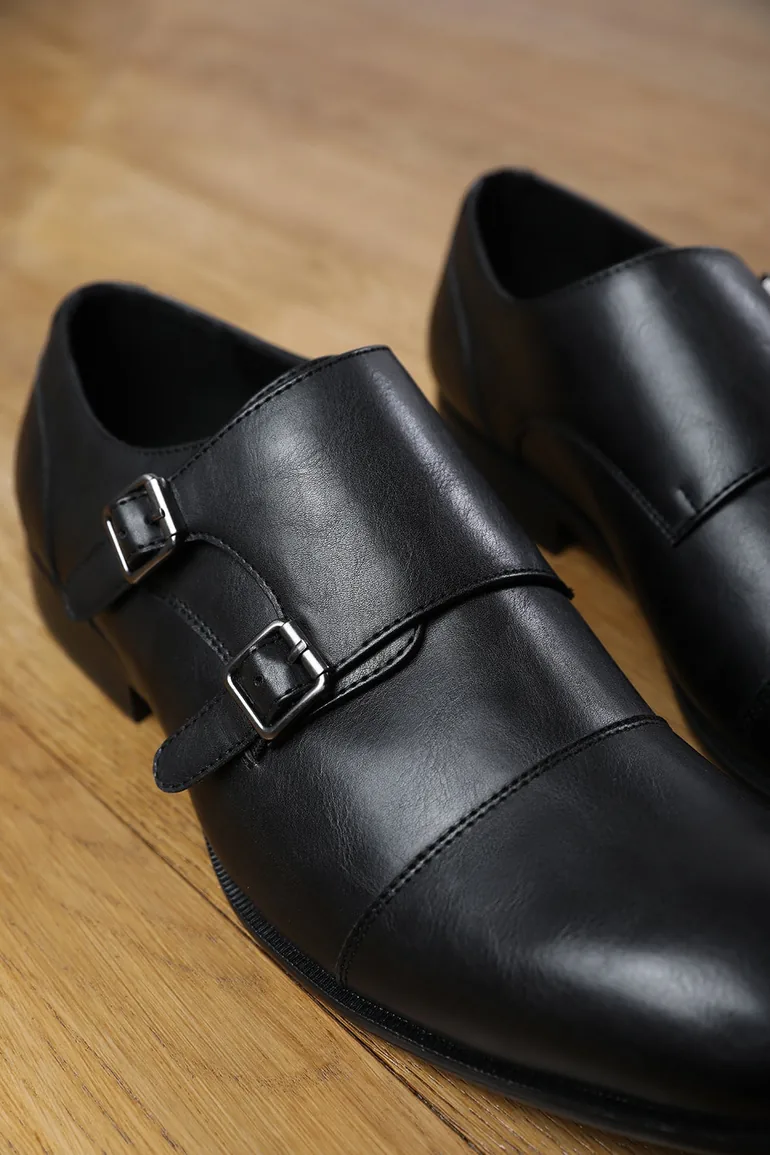 DOMINIC MEN'S FORMAL KEITH BUCKLE TWIN MONK SHOES IN BLACK FAUX LEATHER - 7