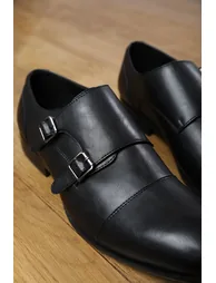 DOMINIC MEN'S FORMAL KEITH BUCKLE TWIN MONK SHOES IN BLACK FAUX LEATHER - 7