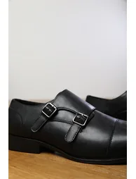 DOMINIC MEN'S FORMAL KEITH BUCKLE TWIN MONK SHOES IN BLACK FAUX LEATHER - 6