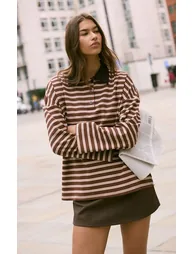 Chocolate Stripey Collar Detail Long Sleeve Rugby Top - 5