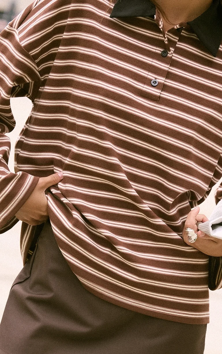 Chocolate Stripey Collar Detail Long Sleeve Rugby Top - 3