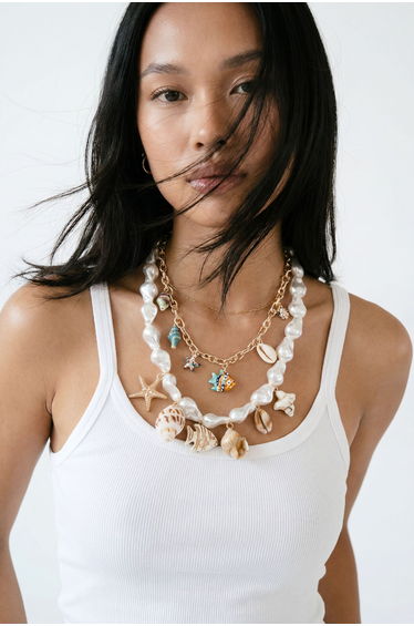 Ocean & Pearl Detail Statement Charm Necklace - gold