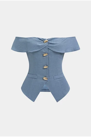 Linen Metallic Button Off-Shoulder Sleeveless Top
