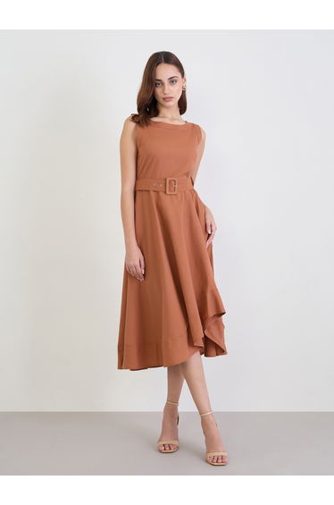 Brown Sleeveless A-Line Midi Dress
