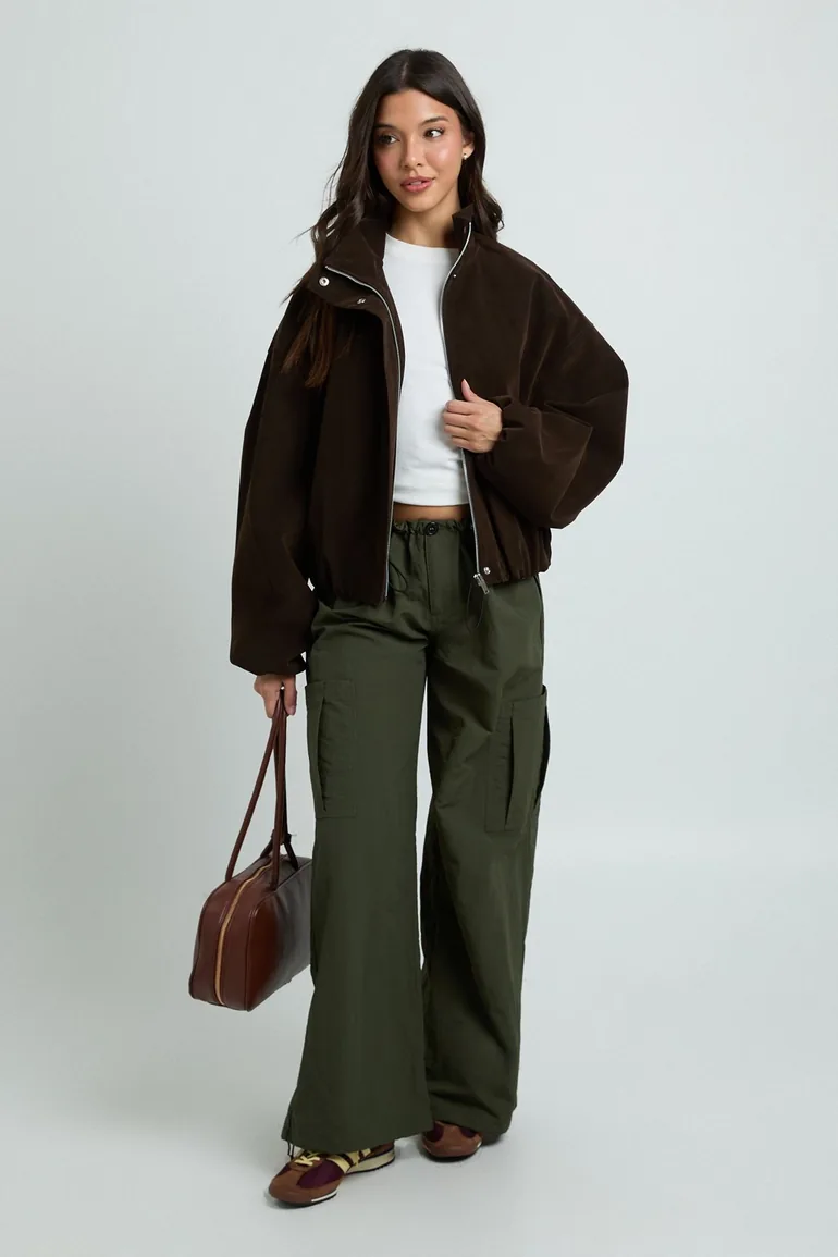 Peached Faux Leather Bomber Jacket - chocolate