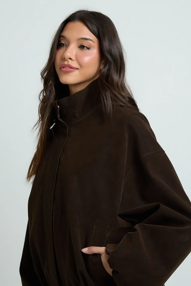 Peached Faux Leather Bomber Jacket - chocolate - 3