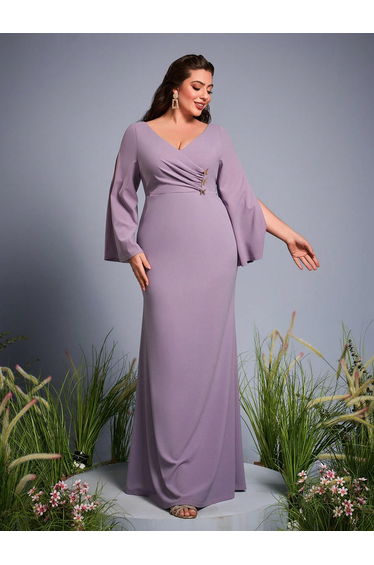 Leely Plus Women's Elegant V Neck Split Sleeve Party Dress