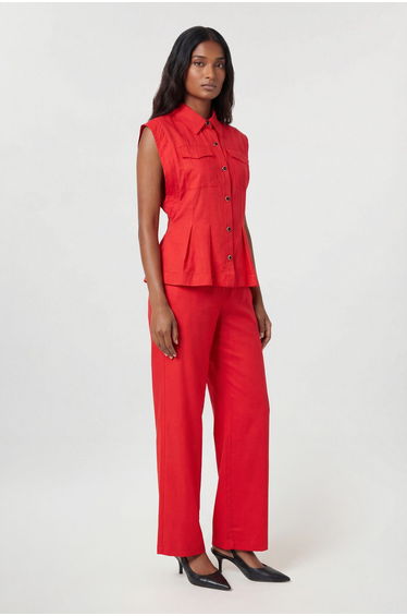Premium Viscose Linen Topstitch Woven Blouse With Waist Seam Detail