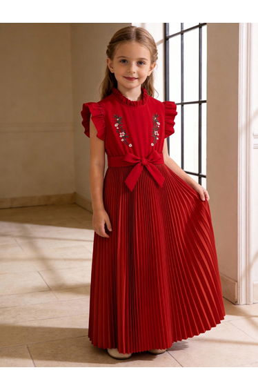 Girls Floral Embroidered Ruffled Bow Detail Dress