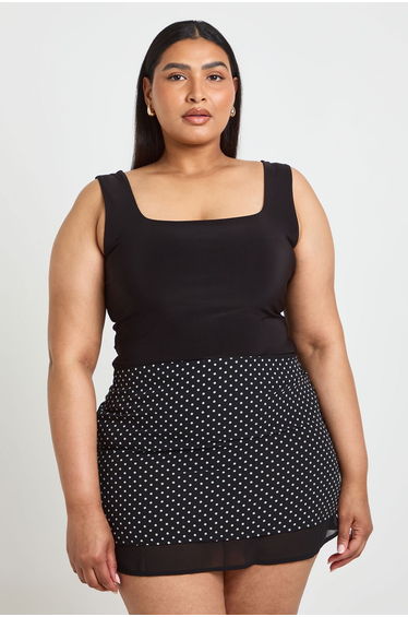 Plus Polka Dot Layered Hem Mini Skirt - black