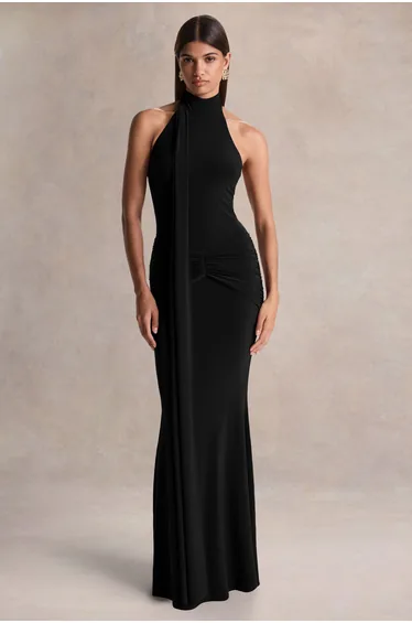 Hyla | Black High-Neck Maxi Dress With Sash-Detail