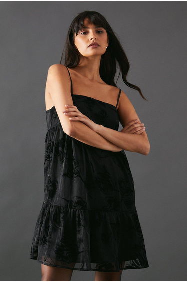 Rose Organza Strappy Cami Mini Smock Dress