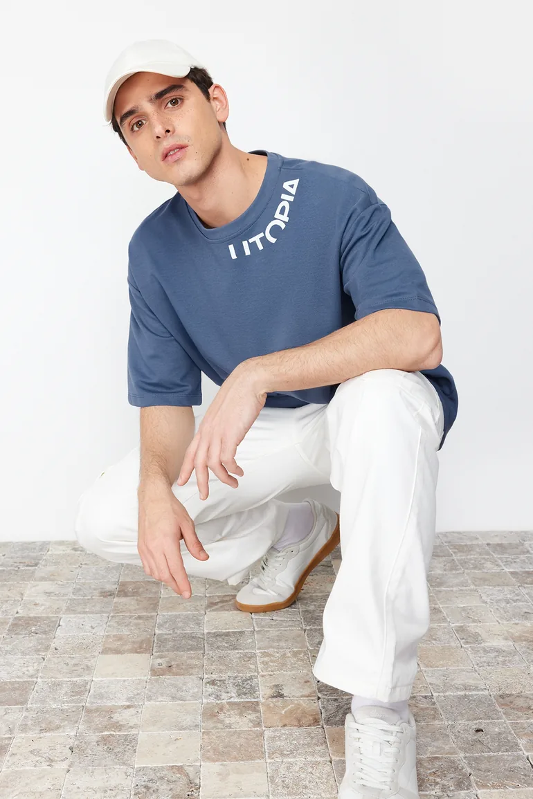 Indigo Men's Oversize Text Printed T-Shirt - 3