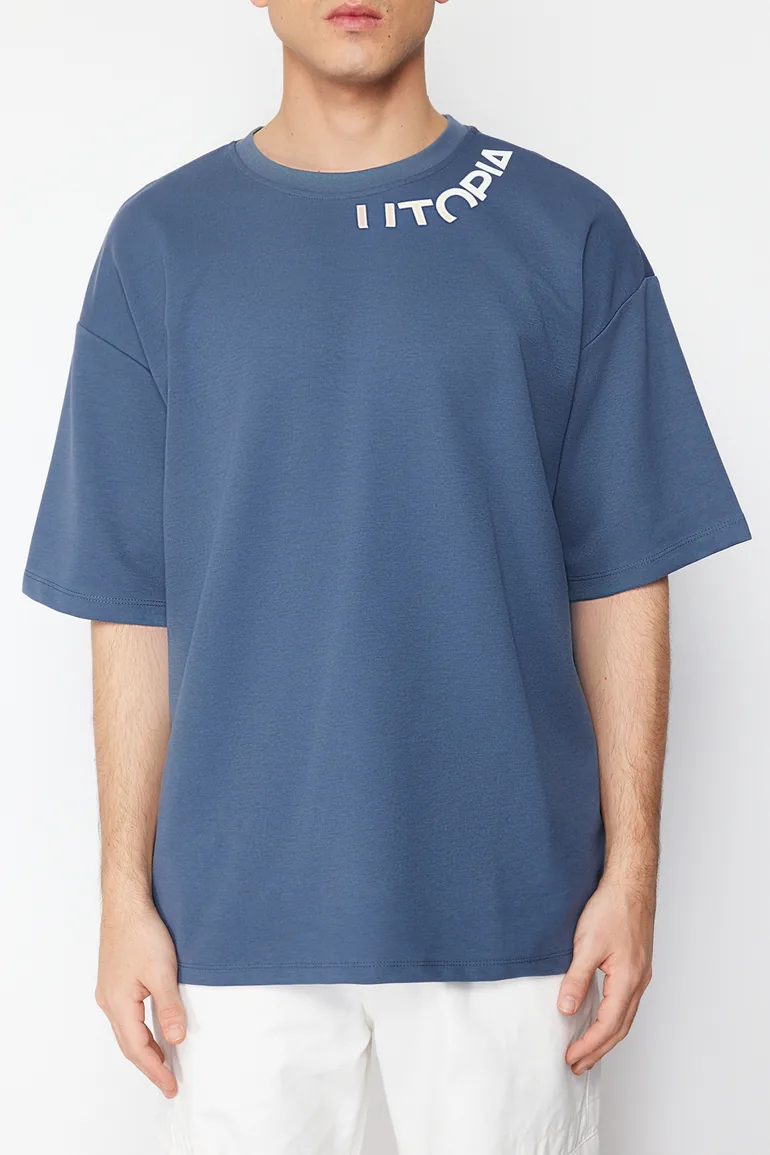 Indigo Men's Oversize Text Printed T-Shirt - 4