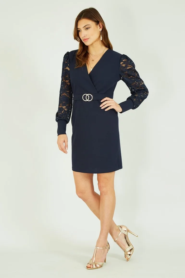 navy dress gold belt Navy Blue Draped Gown With Embroidered Belt, Party Prom Dress