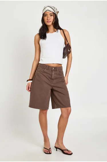 Mid Rise Denim Shorts - chocolate