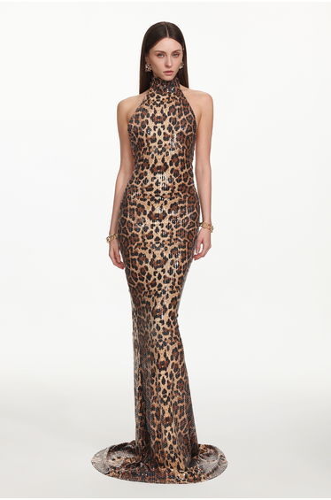 Myka Glamorous Contour Halter Leopard Print Sequin Maxi Dress