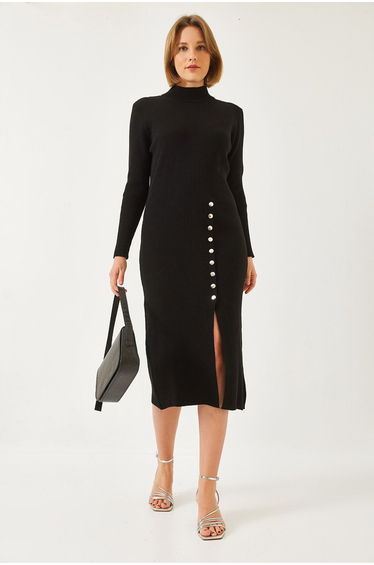 LUCCI Ribbed Textured Turtleneck Midi Knitted Dress
