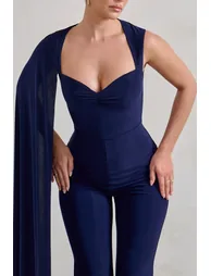 Vivi | Navy Asymmetric Cape Sleeve Jumpsuit - 2