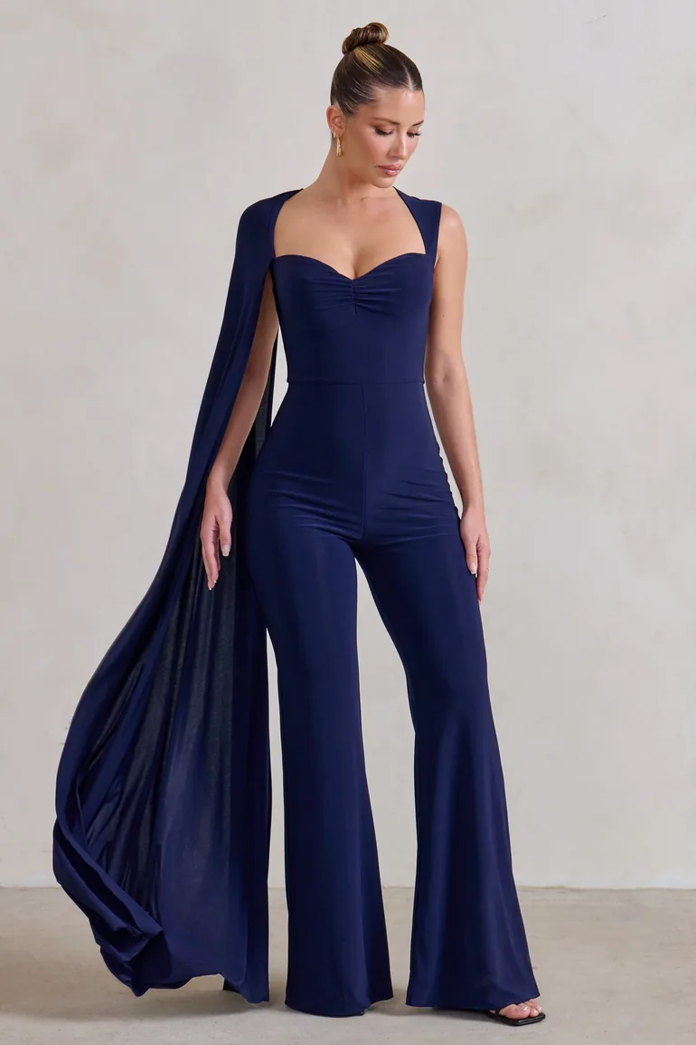 Vivi | Navy Asymmetric Cape Sleeve Jumpsuit - 3