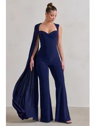 Vivi | Navy Asymmetric Cape Sleeve Jumpsuit - 3