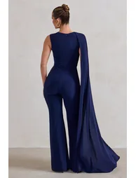 Vivi | Navy Asymmetric Cape Sleeve Jumpsuit - 1