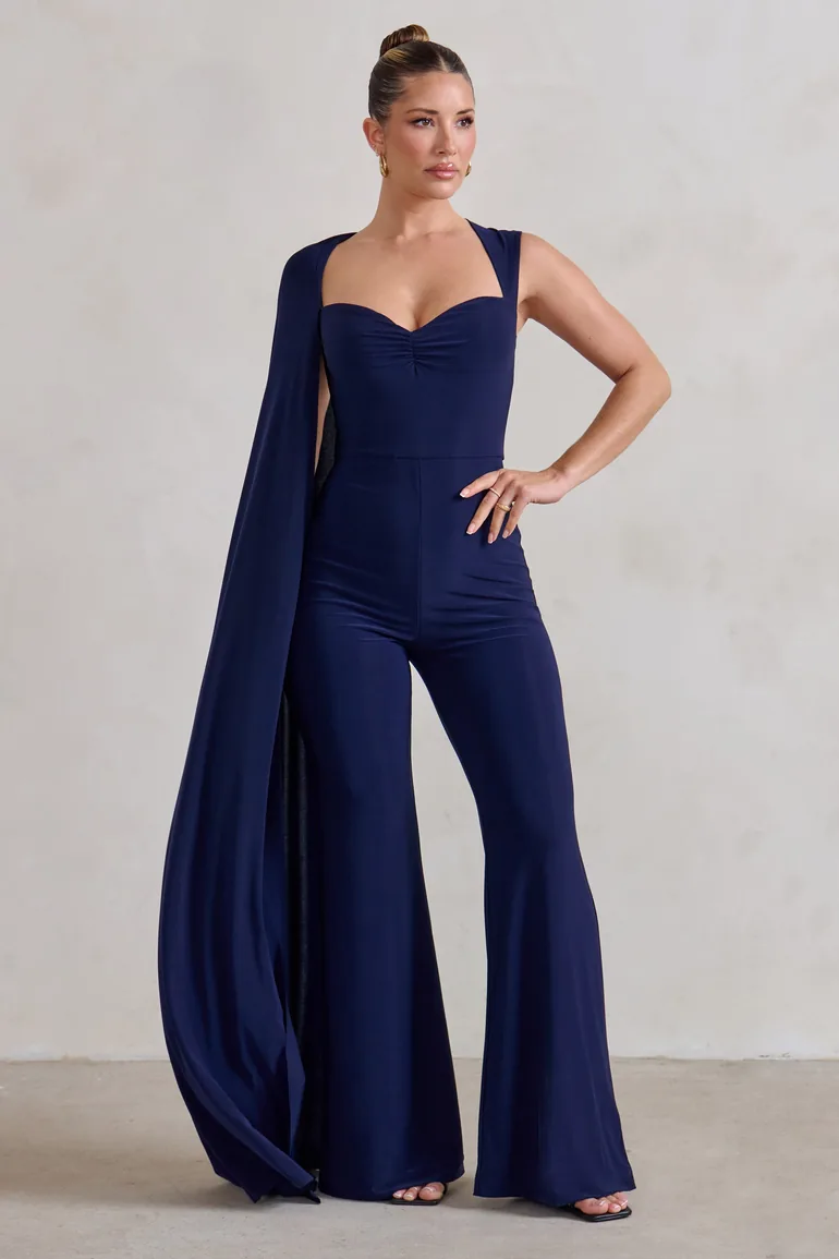 Vivi | Navy Asymmetric Cape Sleeve Jumpsuit - 4
