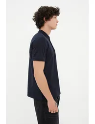 Navy Blue Men's Basic Slim Short Sleeved Textured Polo Neck T-shirt - 2