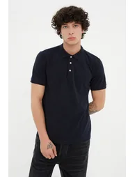 Navy Blue Men's Basic Slim Short Sleeved Textured Polo Neck T-shirt - 4