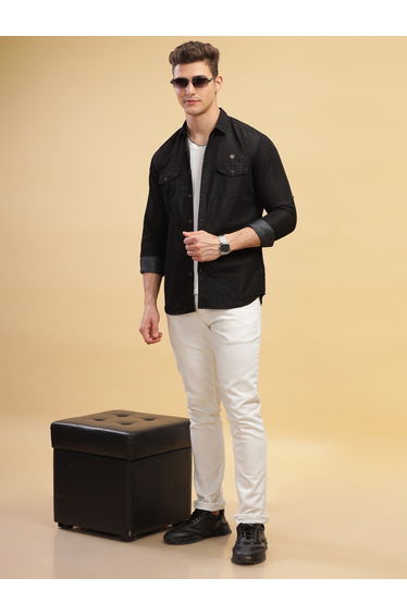 Men Black Double Pocket Denim Shirt