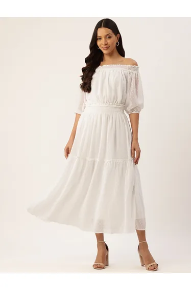 Women White Off-Shoulder Chiffon Dress