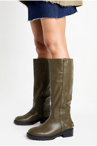 Hardware Detail Knee High Biker Boots - olive