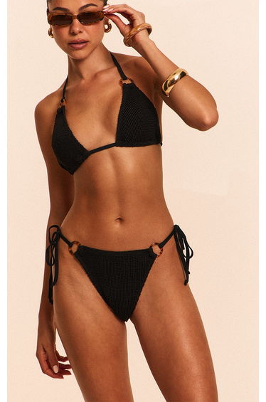 Black Crinkle O Ring Tie Side Bikini Bottoms