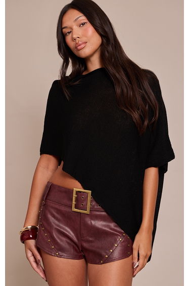 Burgundy Faux Leather Studded Belted Hot Pants