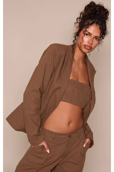 Dark Brown Linen Look Tailored Blazer Co-ord