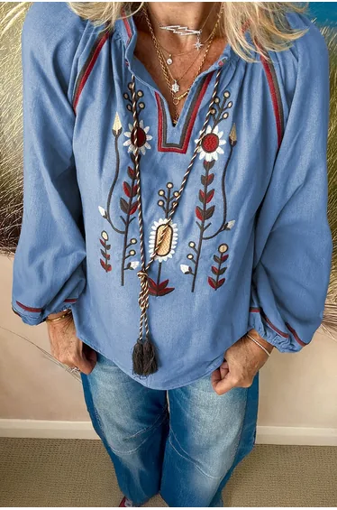 Lvness Real Teal Floral Embroidered Split Neck Tassel Tie Puff Sleeve Blouse